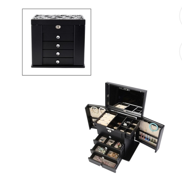 NEW Black Wooden Carved Flower with Crystals 5 Tier Jewelry Box w/Lock - Picture 1 of 8